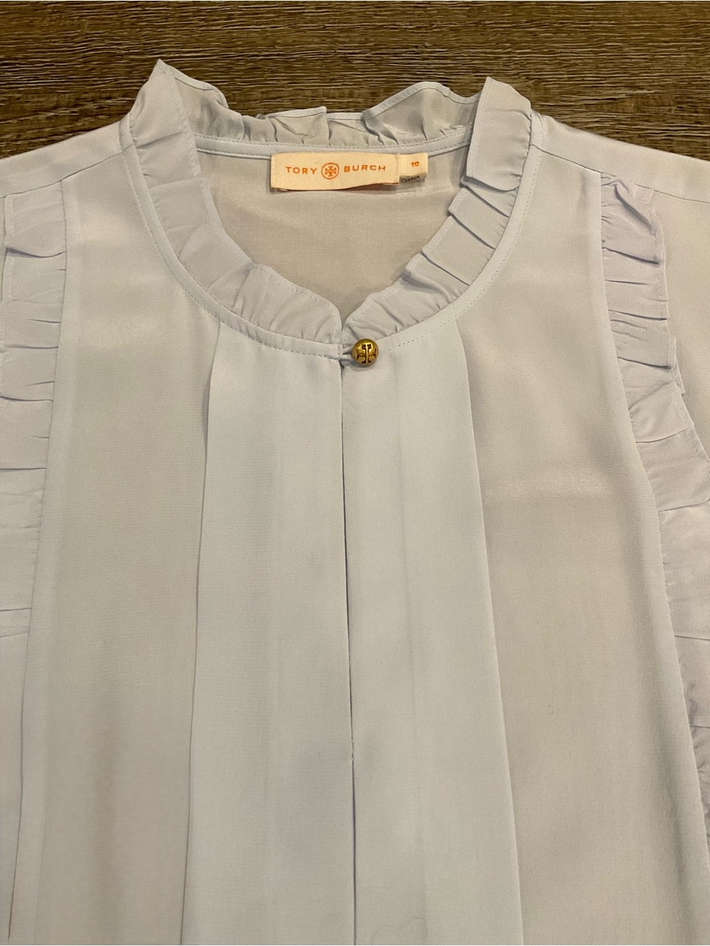 Tory Burch Pale Blue Ruffle Collar Silk Blouse with Gold Logo Button